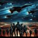 A striking illustration of soldiers standing determinedly as jets zoom over a city at night, capturing the intensity of warfare.